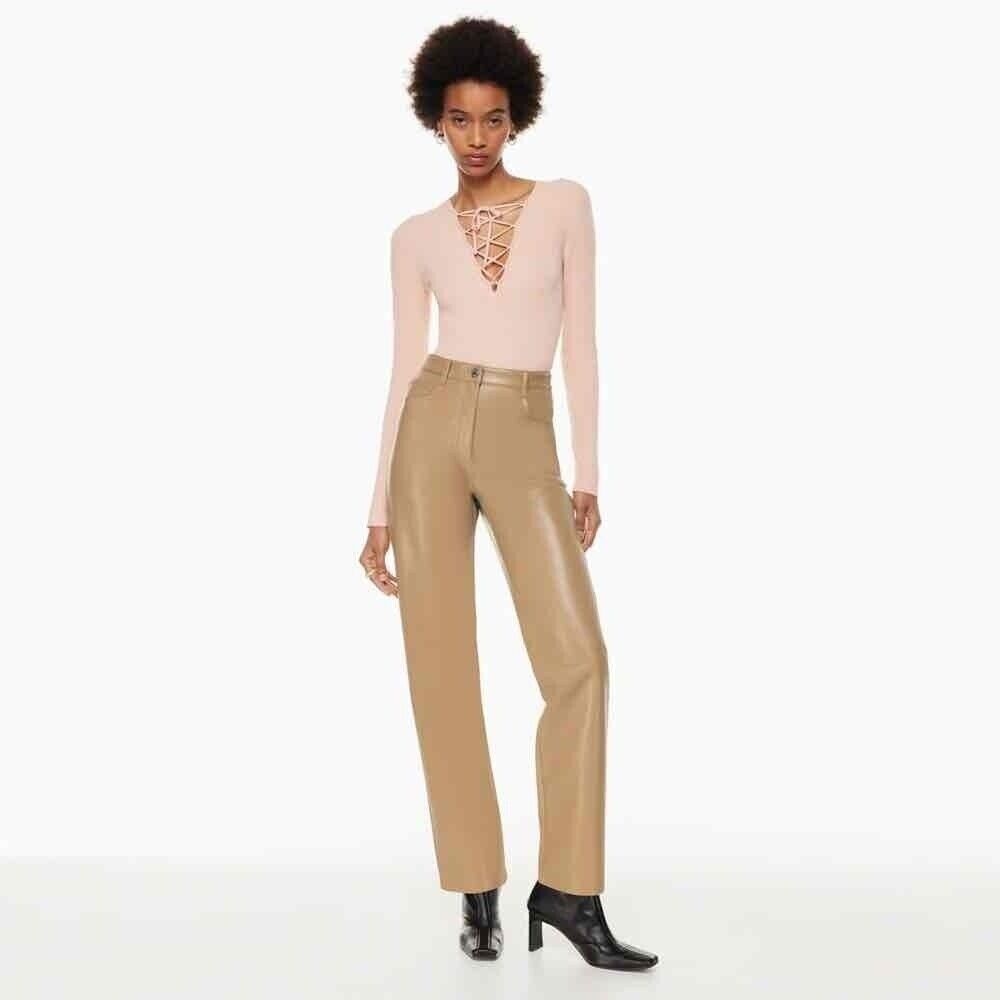 NWT Aritzia Wilfred Brown Faux Leather High Waisted Straight Leg Pants Size 2